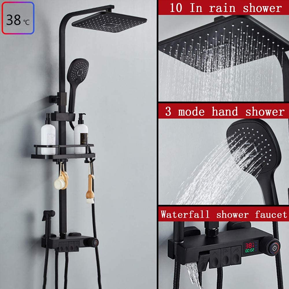 Bateria termostatyczna do łazienki czarny, zestaw prysznicowy z ekranem LED i półką, głowica prysznicowa 10 x 30 cm z prysznicem, system mieszania z głowicą prysznicową-chrom-B