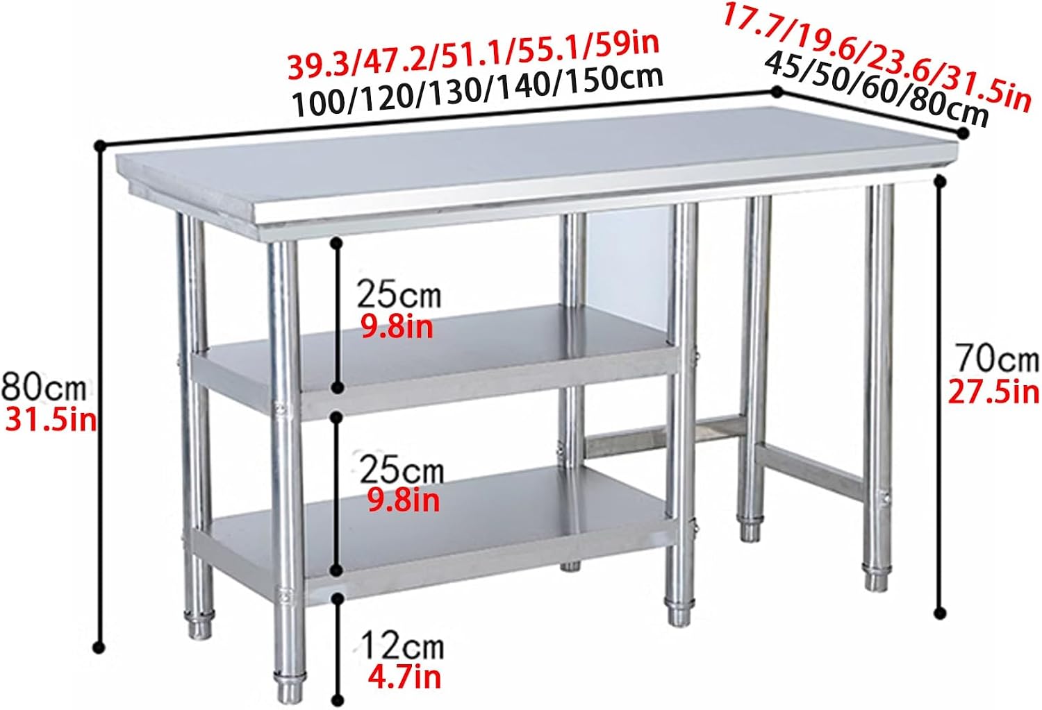 Stainless Steel Prep Table, Food Prep Tables for Commercial Kitchen, Catering Work Table, Heavy Duty Worktable with Adjustable Feet, Cooking Chef Work Bench for Restaurant(120X80X80cm)