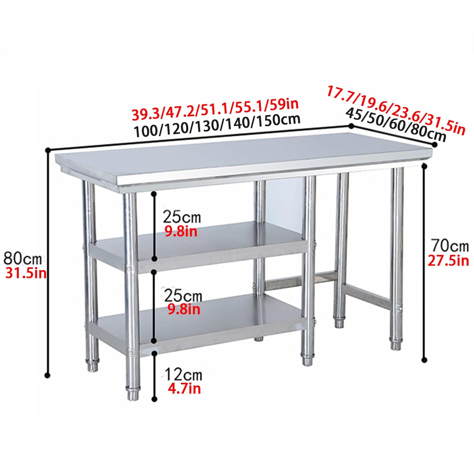 Mesa de preparación comercial de acero inoxidable, mesa de trabajo con pies ajustables para restaurante, cocina y catering
