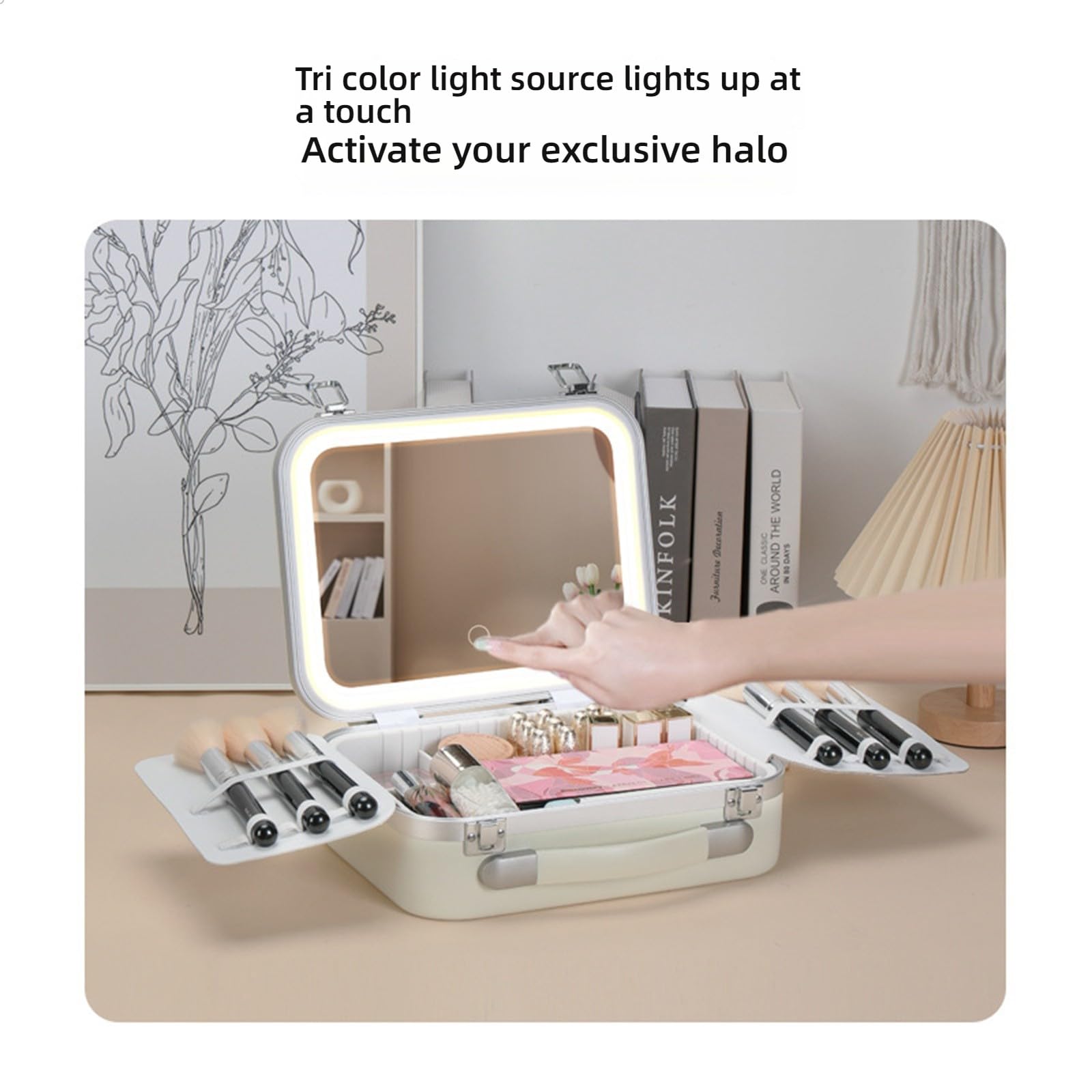 Beauty case professionale con anelli LED regolabili, luce e specchio, organizer portatile per cosmetici da donna, portatile, luminosità regolabile, B, One Size, Bellezza di massa