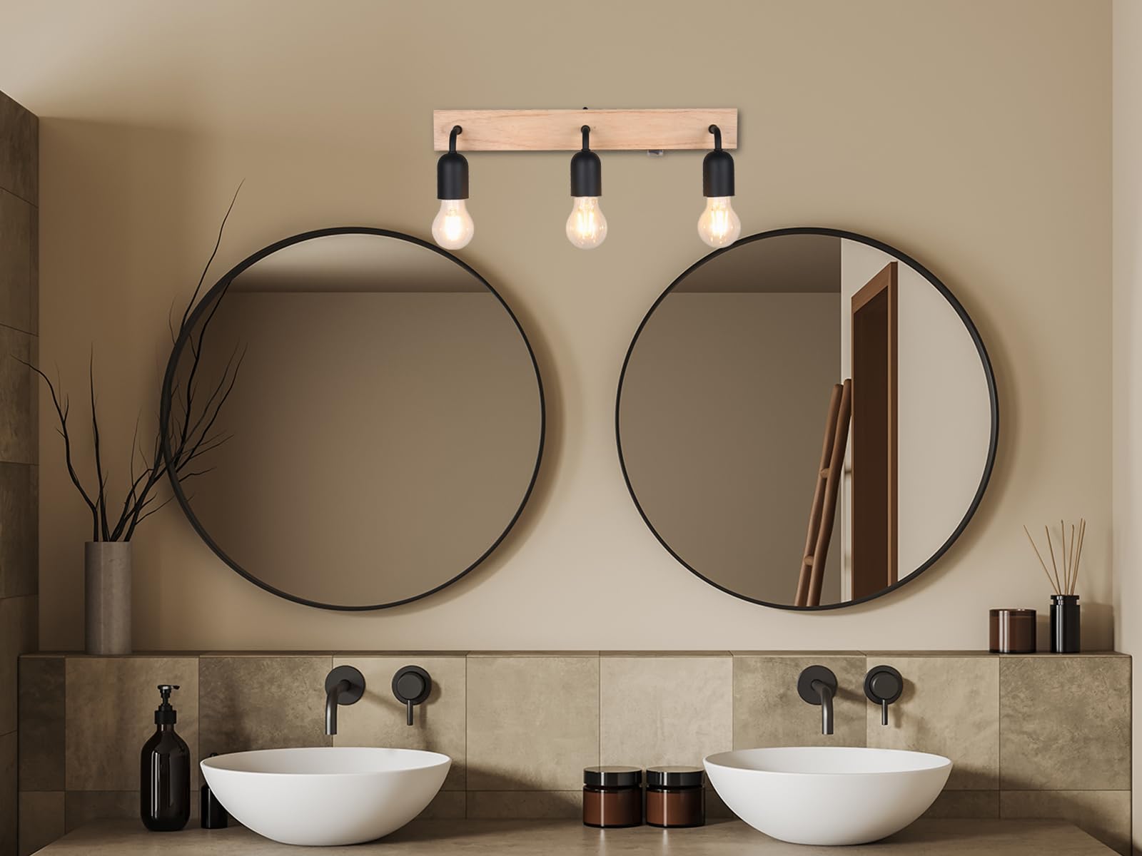 meineWunschleuchte Badezimmer Wandleuchte 3-flammig mit Schalter und Holz, Breite 45cm