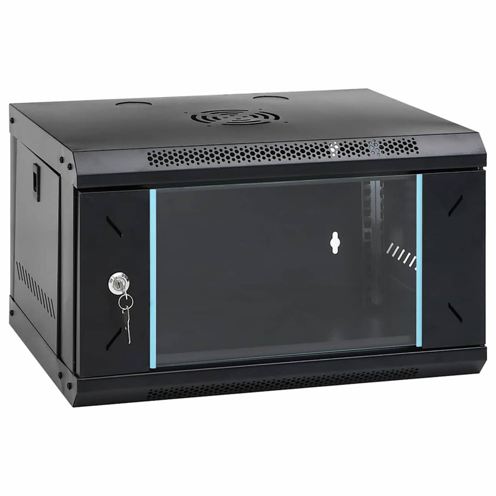 Armadio di rete in acciaio nero, 53 x 45 x 30 cm, con vetro di sicurezza monolastra – per componenti di rete in ufficio e appartamento