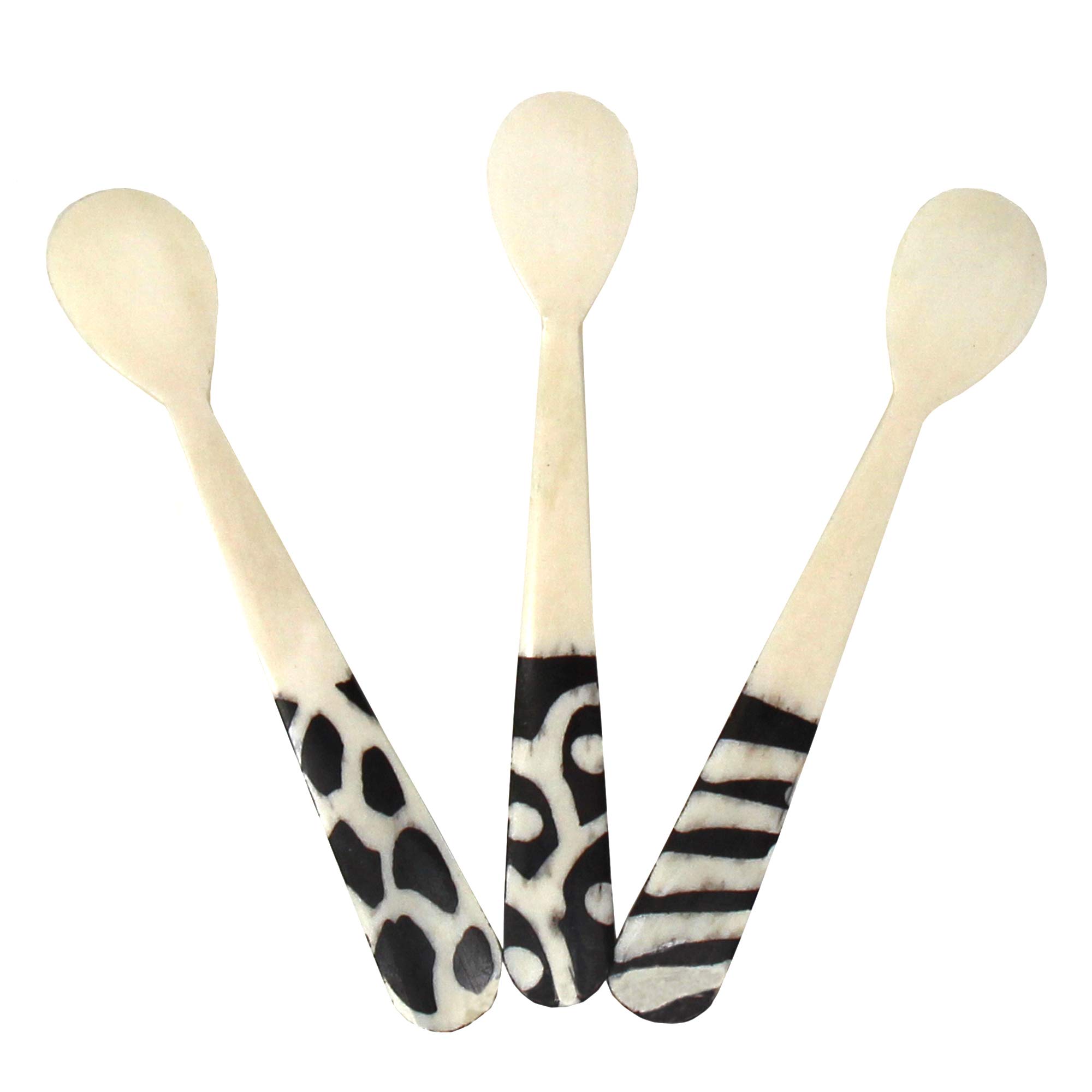 Global Crafts Handmade Natural Bone Batiked Appetizer Set, 3 Spoons, Made in Kenya, 3 Piece Set (KNB004-S3)