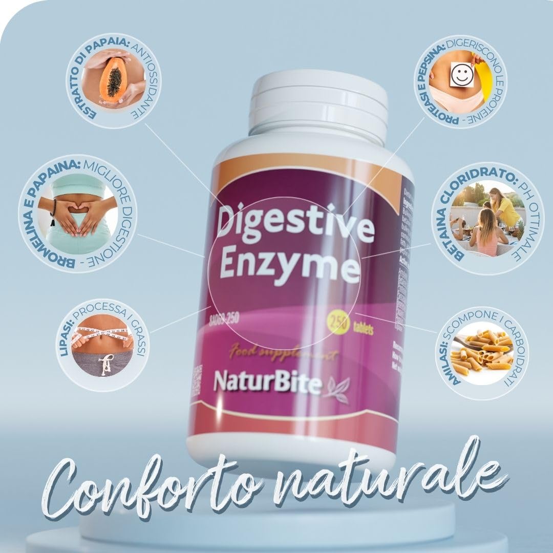 Naturbite Enzimi Digestivi, 250 compresse, Naturbite. Migliora il Processo Digestivo facilitando la scomposizione e l'assorbimento dei nutrienti dagli alimenti.