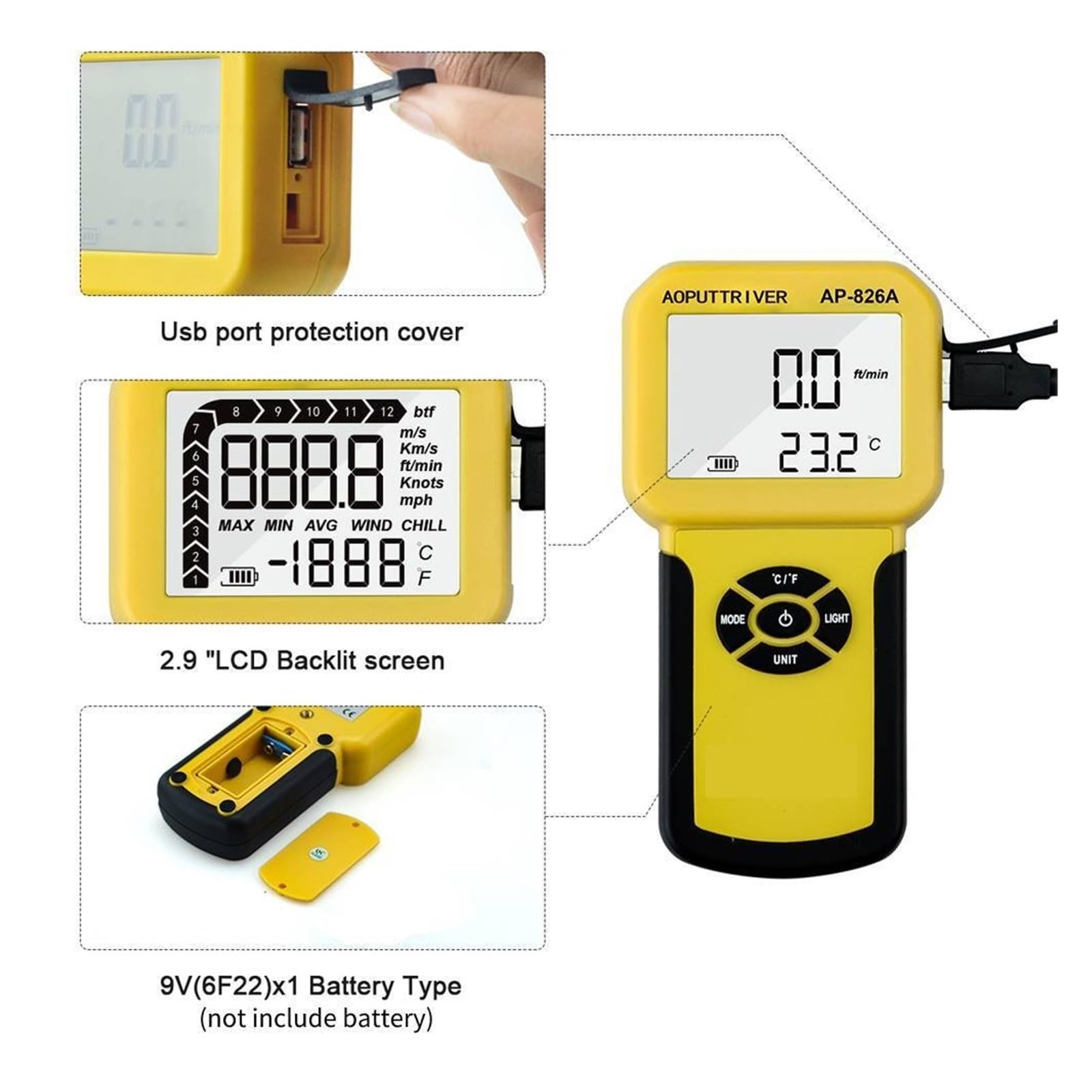 Anemómetro, Anemómetro digital del medidor de velocidad del viento for la velocidad del aire, temperatura del flujo de aire, máx./promedio/corriente