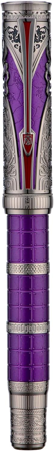 Hongdian D5X Fountain Pen Purple Color Medium Nib, Qin Dynasty Retro Chinese Totem Engraving Smooth Writing Pen with Converter and Pen Box Set