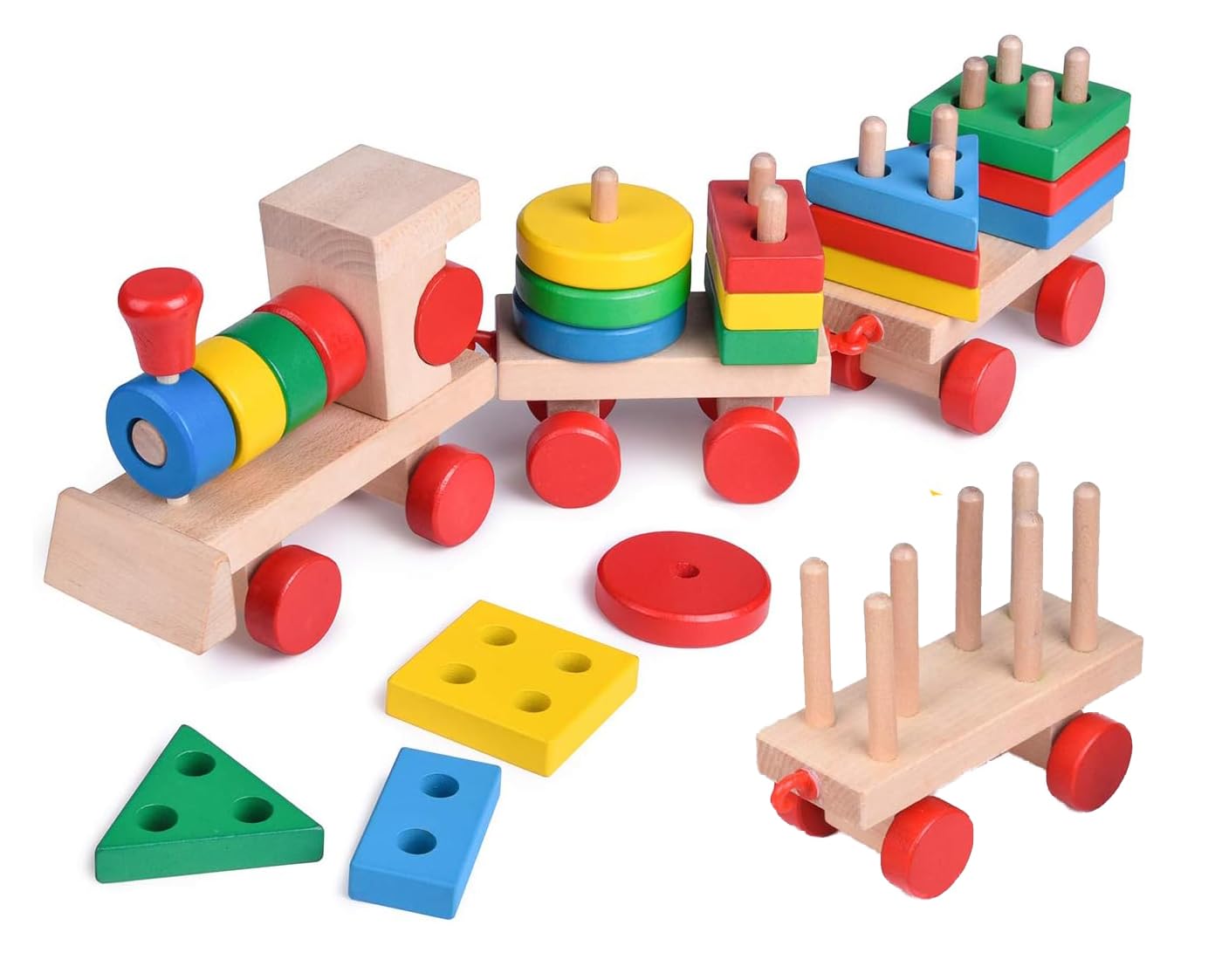 Wooden Stacking Train for Toddlers - Three Carriages Early Educational Toy with Colorful Blocks -Puzzle Toys Sorting & Stacking Learning Activity for Kids 3+ Years