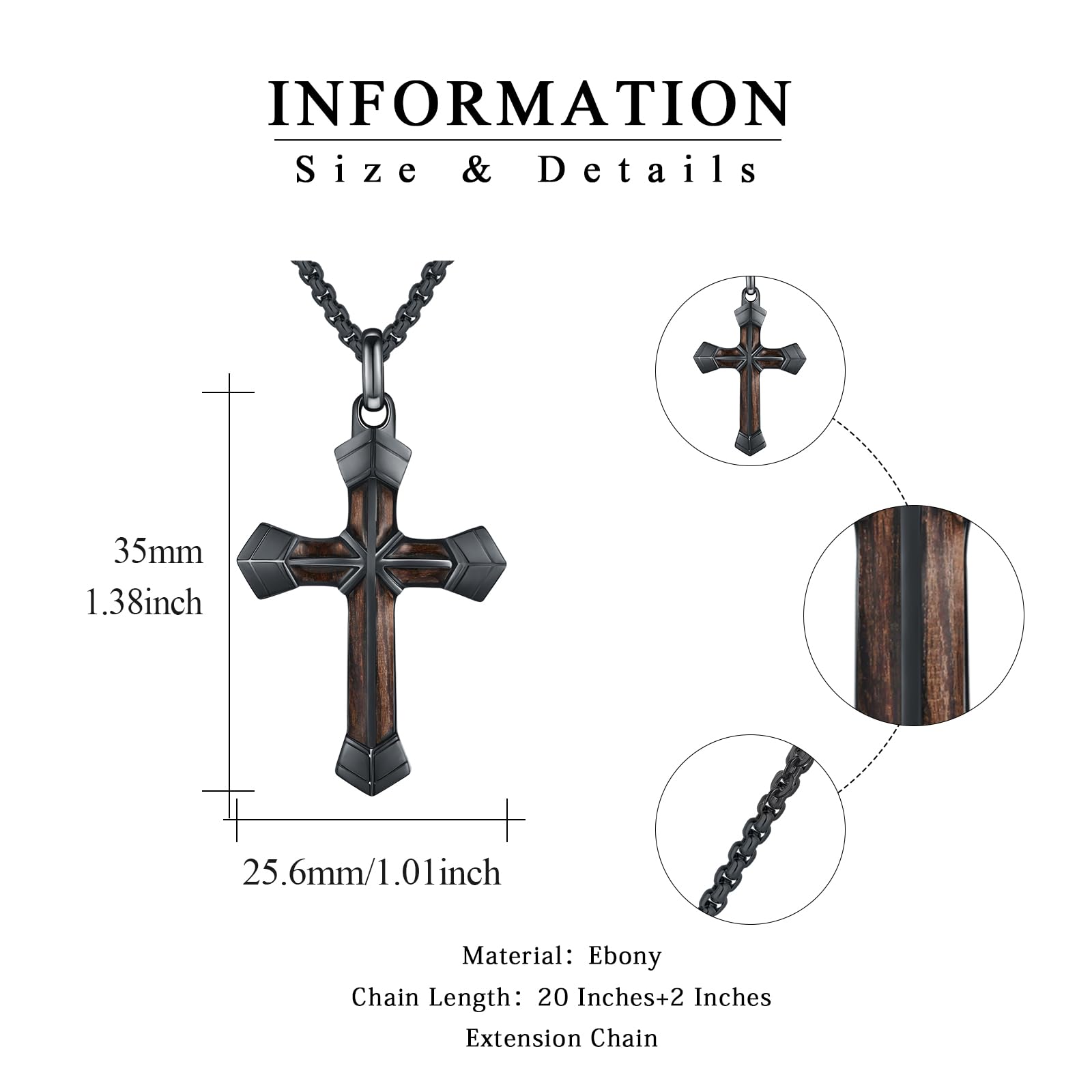 Herren Holzkreuz Kette 925 Sterling Silber Ebenholz Kreuzanhänger 55+5 cm Verstellbare Kette Schwarz Religion Schmuck Weihnachten Jahrestag Geburtstag Geschenke für Männer 35 mm
