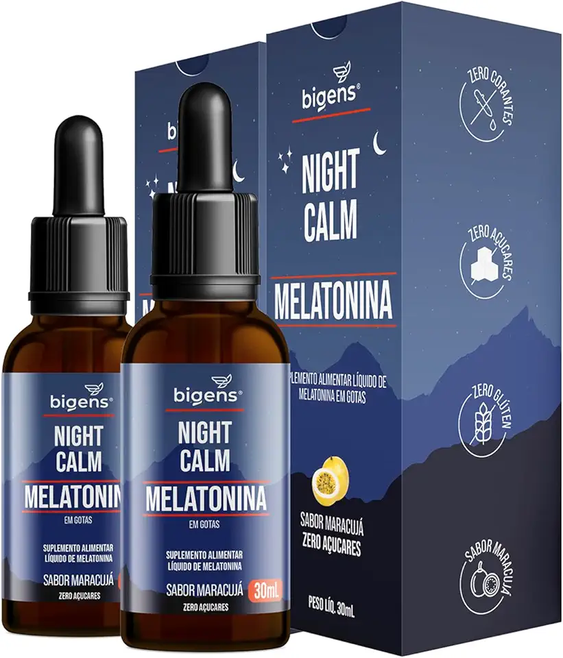 Night Calm Melatonina em gotas, sabor maracujá, Biogens, Kit 2x 30 mL