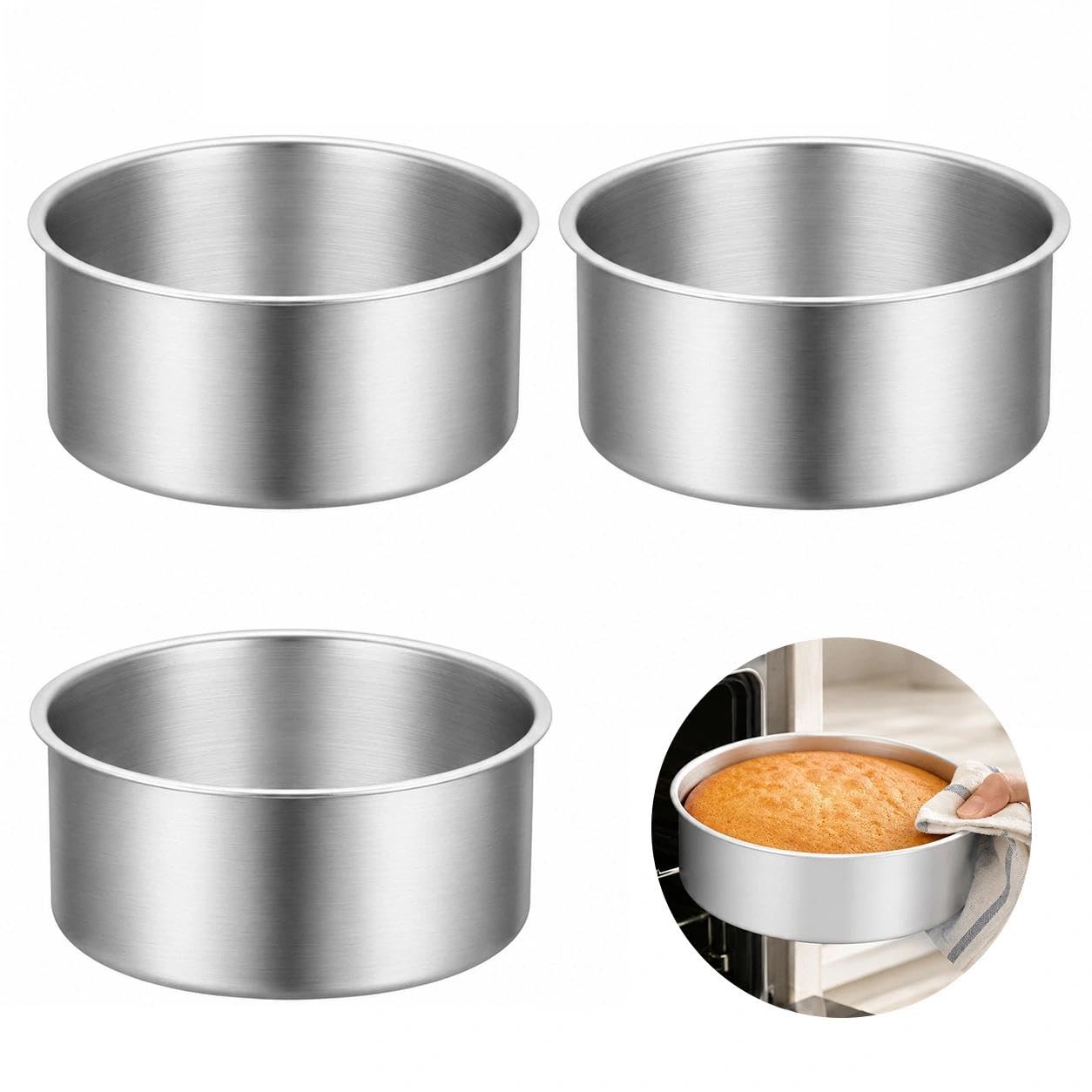 3 Pcs Cake Tin Set, 5 Inch Stainless Steel Round Baking Pans, Heavy Duty, Birthday Wedding Layer Cake Tin for Baking Roasting Serving, Mirror Finished, Dishwasher Safe