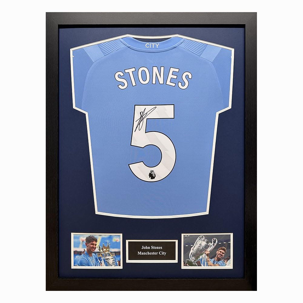 Allstarsignings Unisex Blue Framed John Stones Signed Manchester City 2023/24 Home Shirt