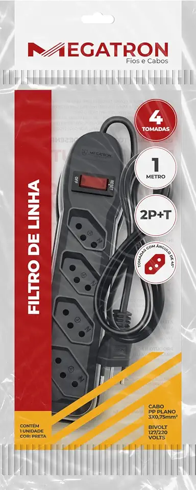 Filtro de linha de 4 tomadas 2p+T circuit Breaker Bivolt preto