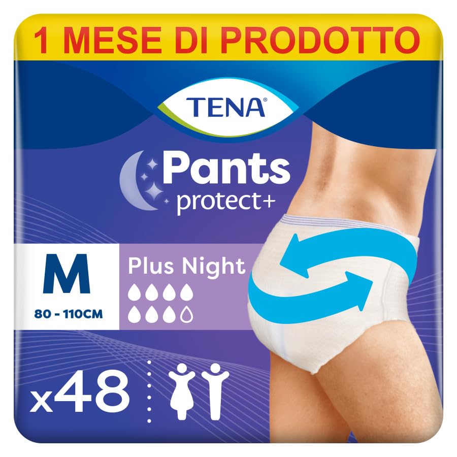 TENA Pants Plus Night, Taglia Media (M), Pacco Scorta Mensile - Mutandine Assorbenti, Elasticizzate e Monouso, per Perdite Urinarie, Unisex, Discrete e Confortevoli, 4 confezioni x 12 pezzi