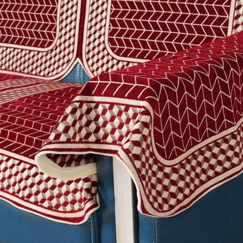 Image of Premium Chenille Woven Anti-Slip 2 Seater Sofa Cover with Arm Rest | L-Shape Sofa Seat Protector for Living Room | Durable & Stylish Slipcover - Maroon - 3D
