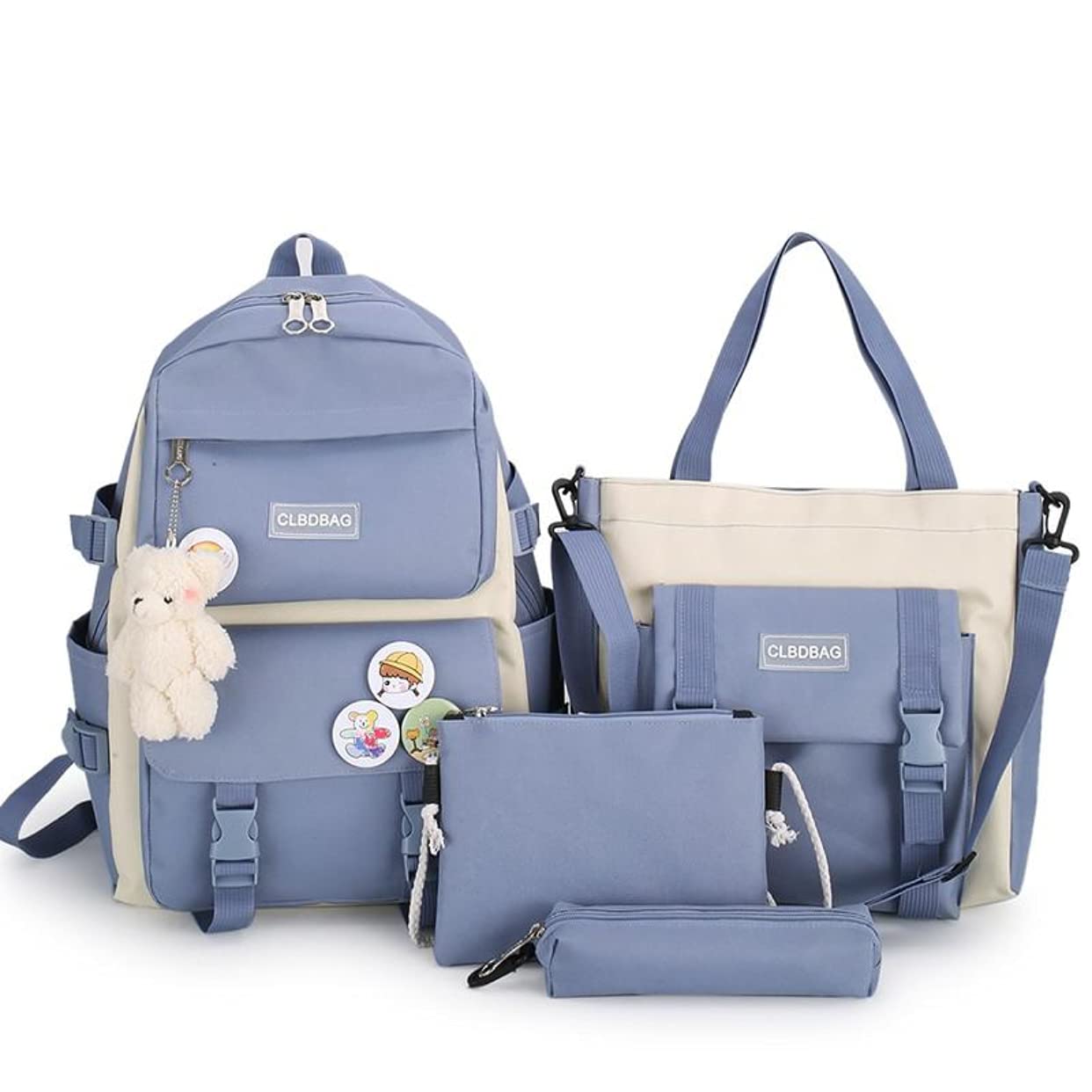 Mbvbn Women's Blue 4Pcs School Bags Set For Teen Girls Aesthetic Kawaii Backpacks, L, Daypack Backpacks