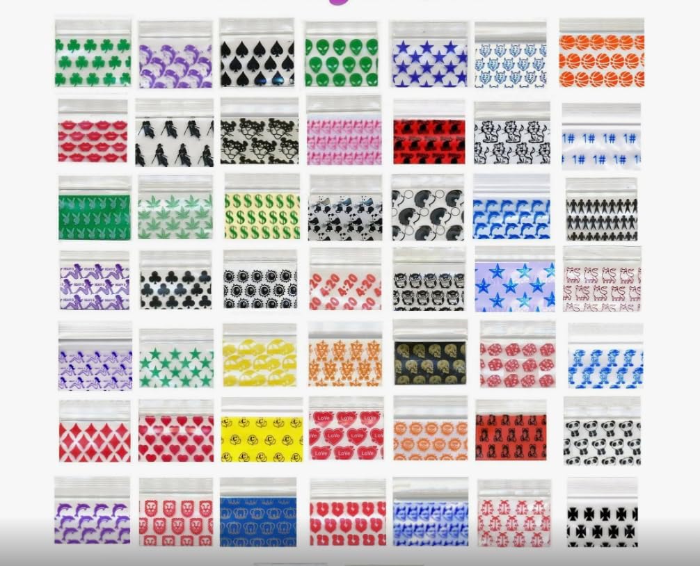 Mini Zip-Top Plastic Baggies, Size 1.5" x 1", WE CHOOSE ASSORTMENT Premium 2.5 mil thick. Includes rare, vintage and sold out styles (1200 Baggies)