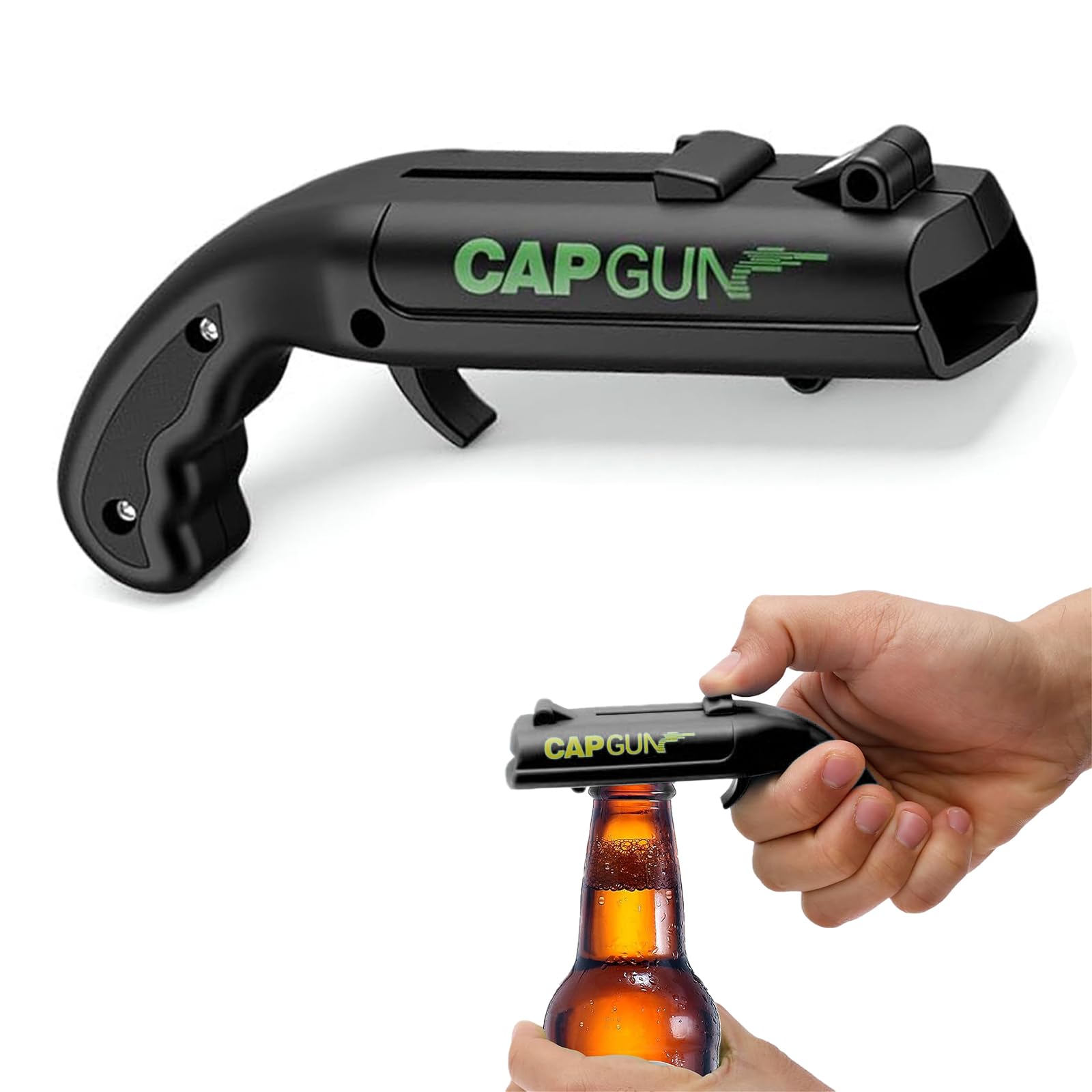 Abridor de Botellas de Cerveza en Forma de Pistola, Lanzador de Chapas, Abrebotellas Manual de Plástico Negro