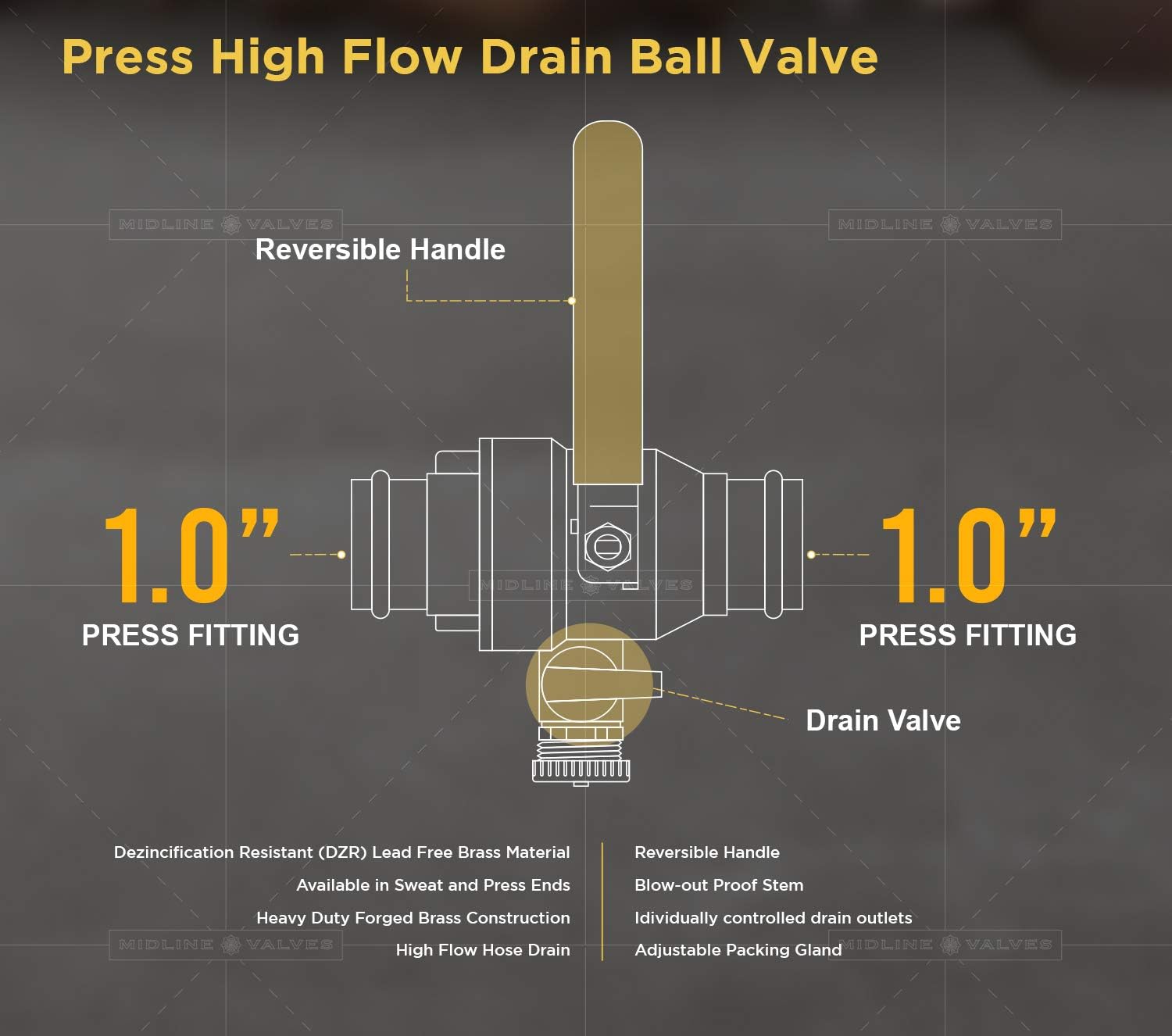 Midline Valve 928S223 High Flow Drain Ball Valve, 3 Way Adjustable Flow Path, Brass, 1 in. Press