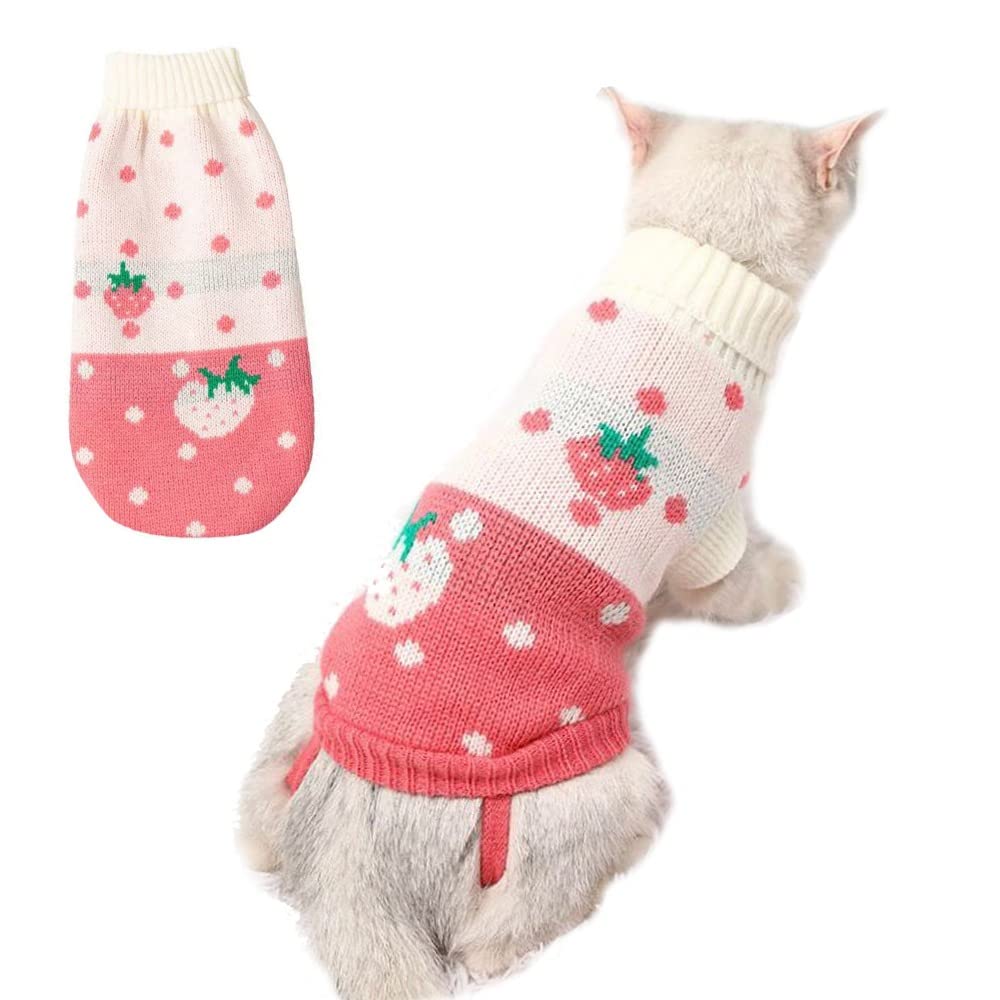 KUTKUT wool Small Dog Knitted Warm Winter Puppy Kitten Cat Sweater, Cute Straberry Polka Doggie Sweater for Small Dogs Cats Girls Boys (Size: No-14: L, Adjustable Chest: 35cm - 40cm), Blue