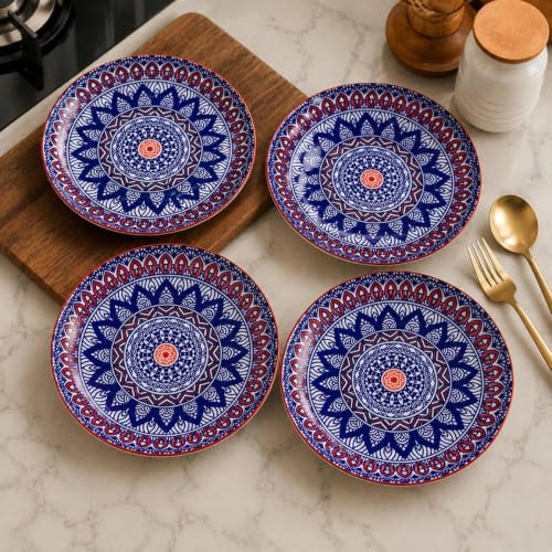 Image of Ceramic Dinner Plates Set of 4, 20.3 CM (8 Inch) Decorative Mandala Pattern Plates, Blue & Red Printed Serving Plates, Round Dinnerware for Home, Dining, Kitchen & Gifting(Mandala Print, PACK OF 4)