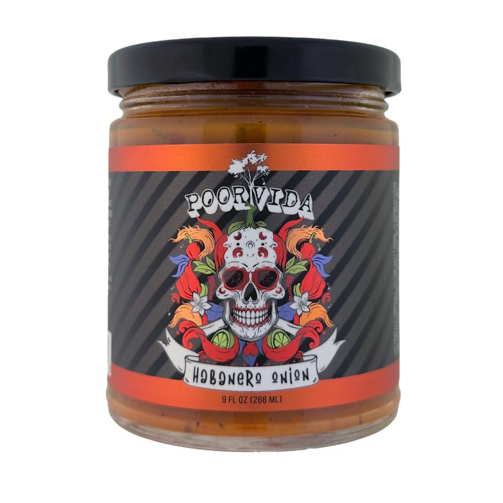 Poor Vida Habanero Onion Salsa 9oz - Texas Craft Spicy Salsa with Fire-Roasted Tomatoes, Caramelized Onions, Vegan Medium-High Heat
