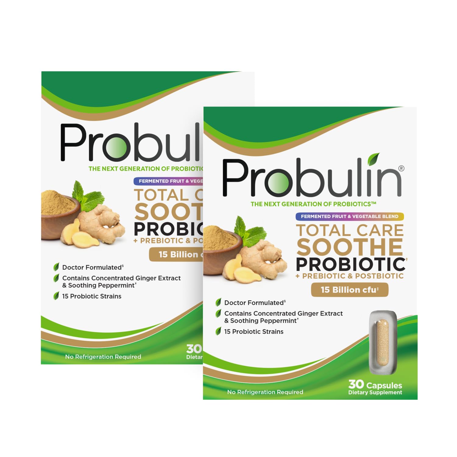 Total Care Soothe = Prebiotics + Probiotics + Postbiotics + Ginger + Peppermint for Soothing Digestive Support - 15 Bill CFU - 15 Strains - 30 Vegan Caps (Twin Pack)