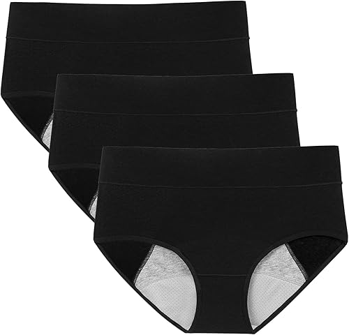 POKARLA Ropa interior de algodón para mujer de alto período de absorción, bragas a prueba de fugas de flujo pesado (tamaño regular y grande), Negro -
