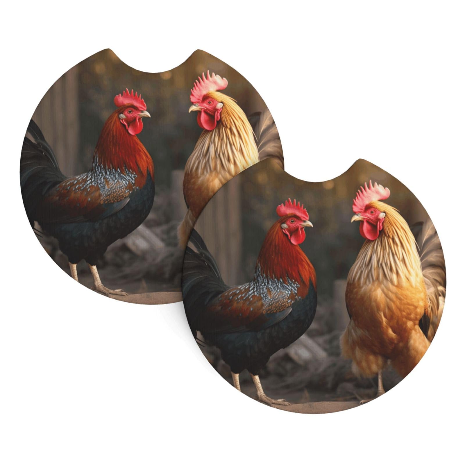 2 Pack Car Coaster for Cup Holders Rooster and Chicken Car Cup Coaster 2.7" Neoprene Non-Slip Automotive Cup Mat Universal Auto Car Interior Accessories for Women Men Cup Pad