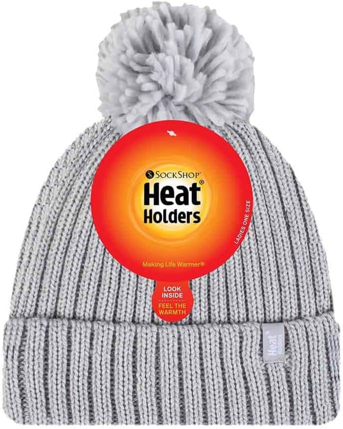 HEAT HOLDERS - Womens Chunky Knit Fleece Lined Thermal Winter Hat with Pom Pom