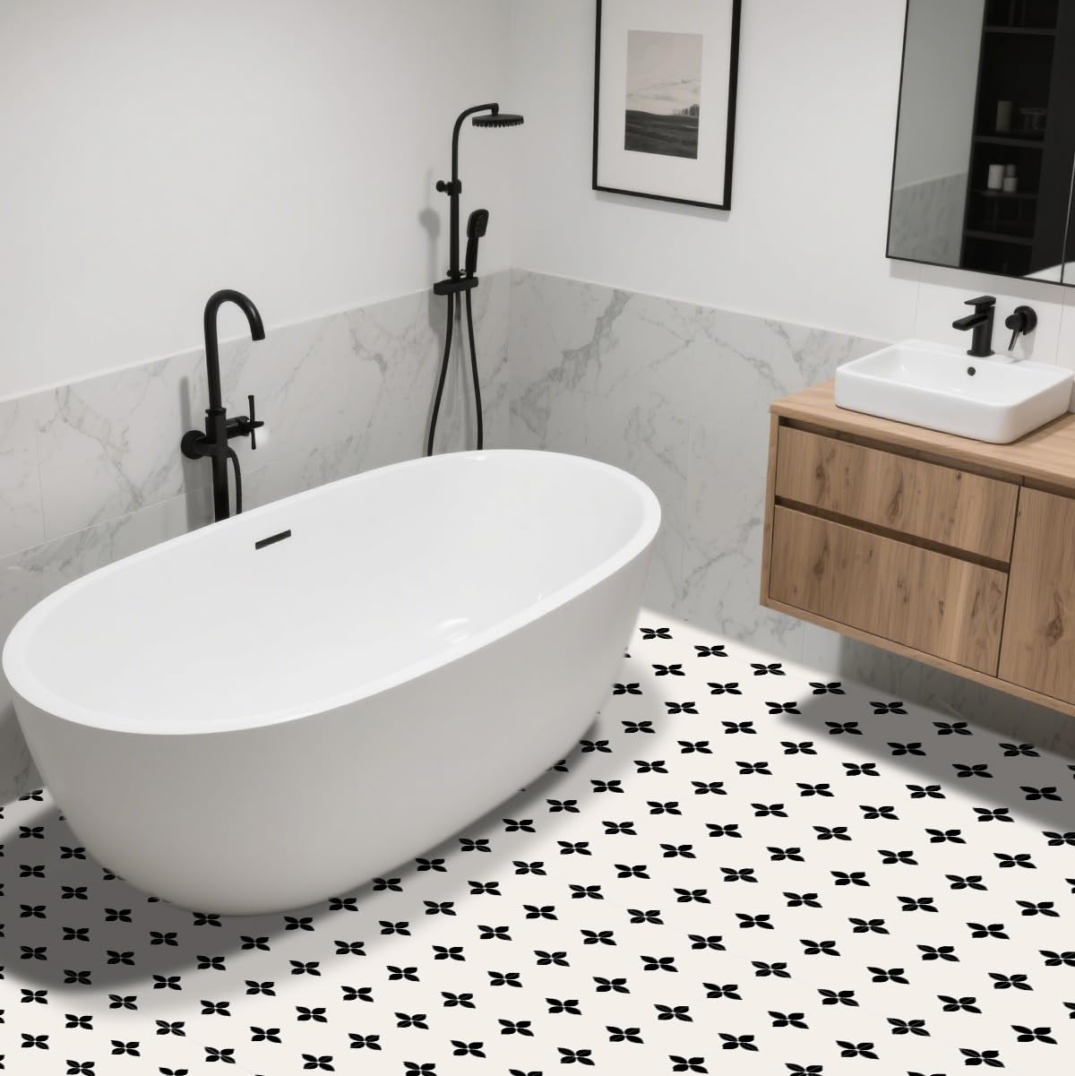 Alwayspon 30x30cmx10 Stück weiß-schwarze Blütenform wasserfeste, rutschfeste Bodenfliesen-Aufkleber für Küche, Bad, Wohnzimmer, selbstklebende Vinylboden-Abziehfolie