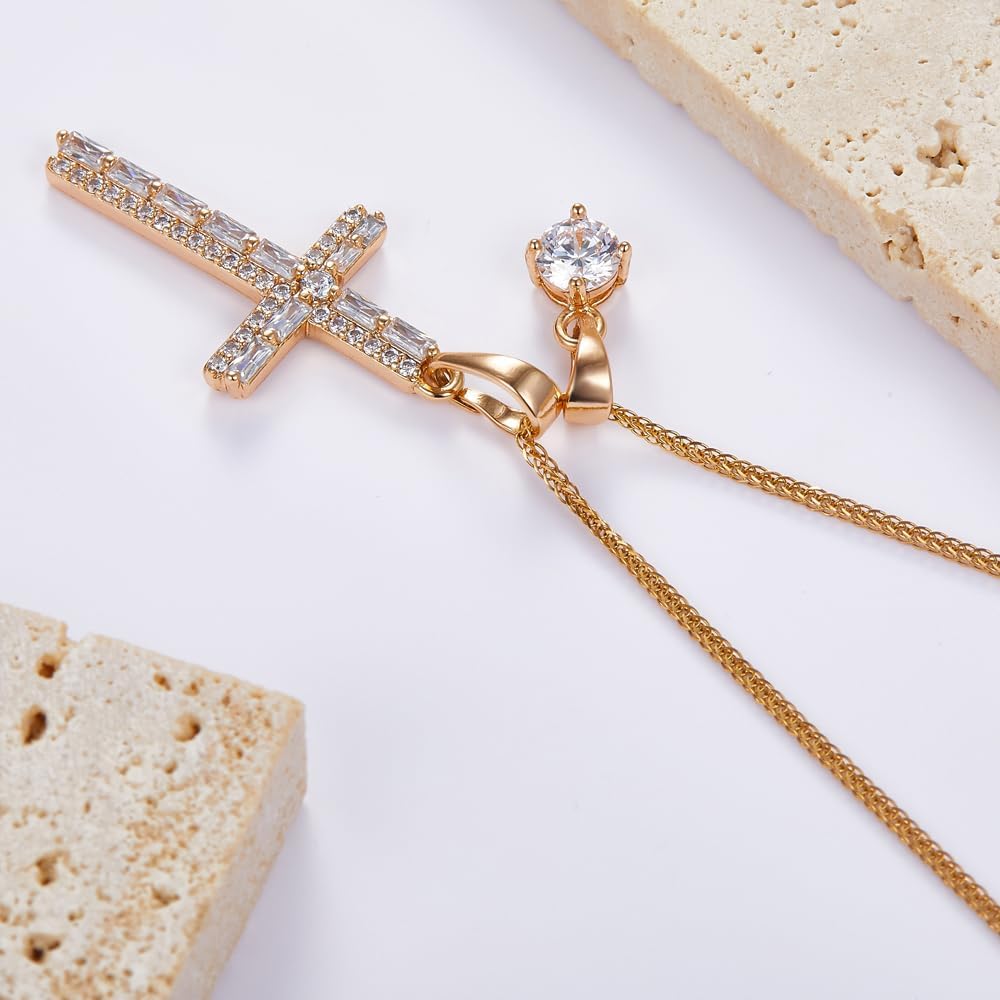 JIM'S SXP Elegant 18K Gold Plated Cross Pendant Necklace, Dainty Crystal Cubic Zirconia, Religious Fashion Jewelry for Women (Rectangle and Round CZ) - Image 3