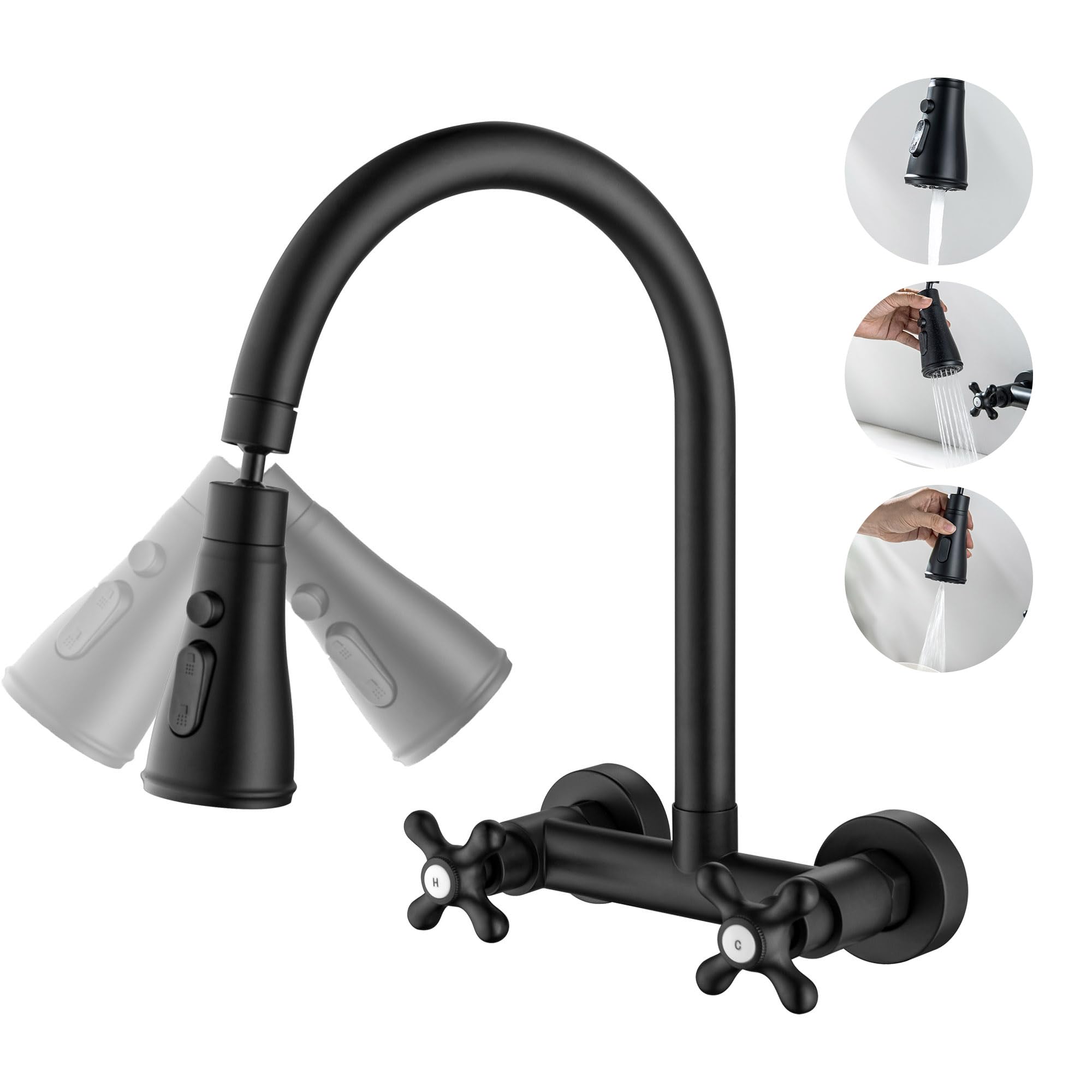 Grifo Cocina Pared Negro, Griferia de Fregadero en la Pared Giratorio a 360​° Grifo Cocina Aireador Extraíble, Agua Fría y Caliente con Rociador de 3 Funciones (27cm)