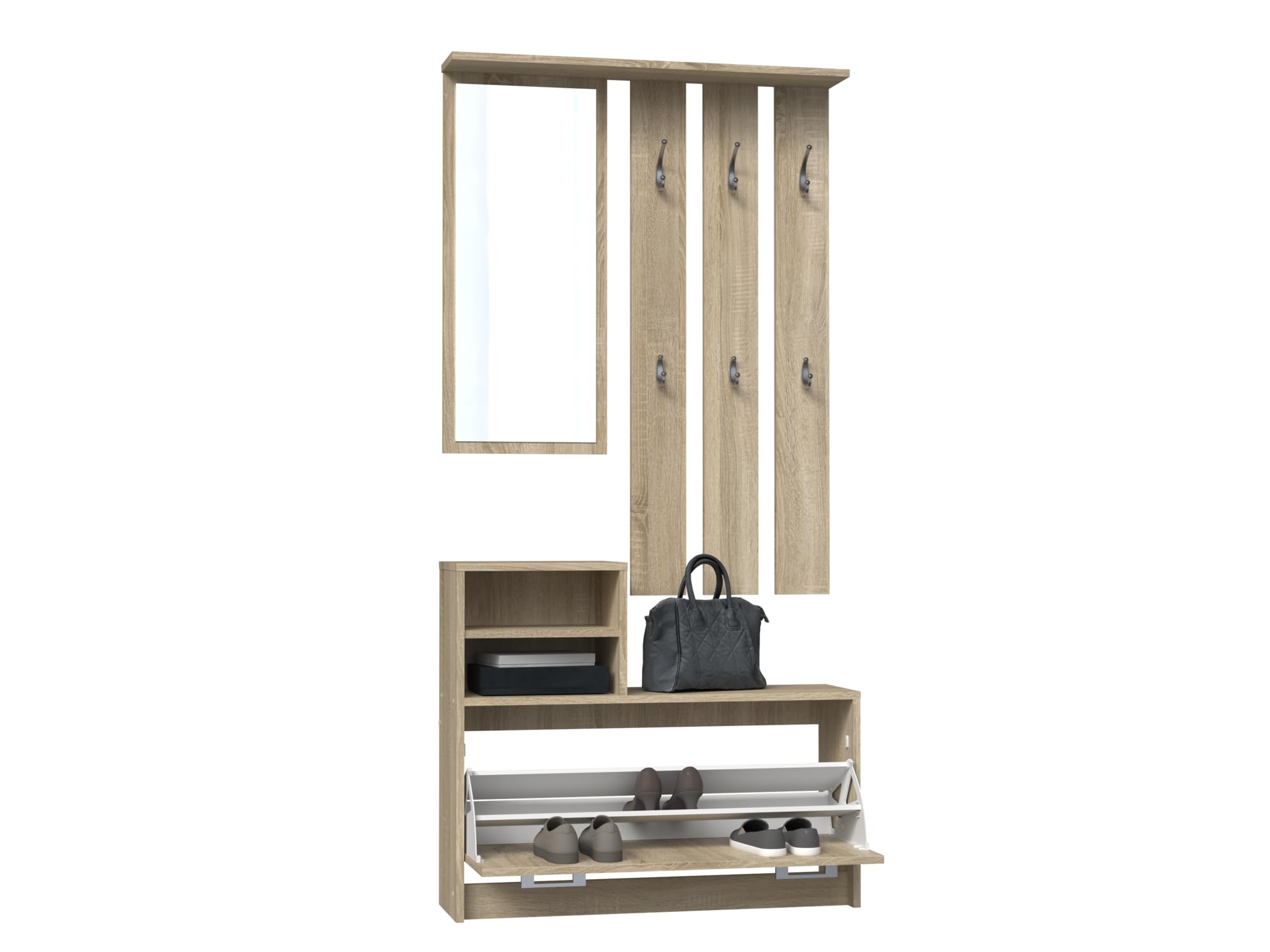 Oggi Armario de Entrada con Espejo 85x160x24 cm Perchas Zapatero Armario de Tablero Laminado de 16 mm Diseño Moderno Minimalista Moderno Roble Sonoma