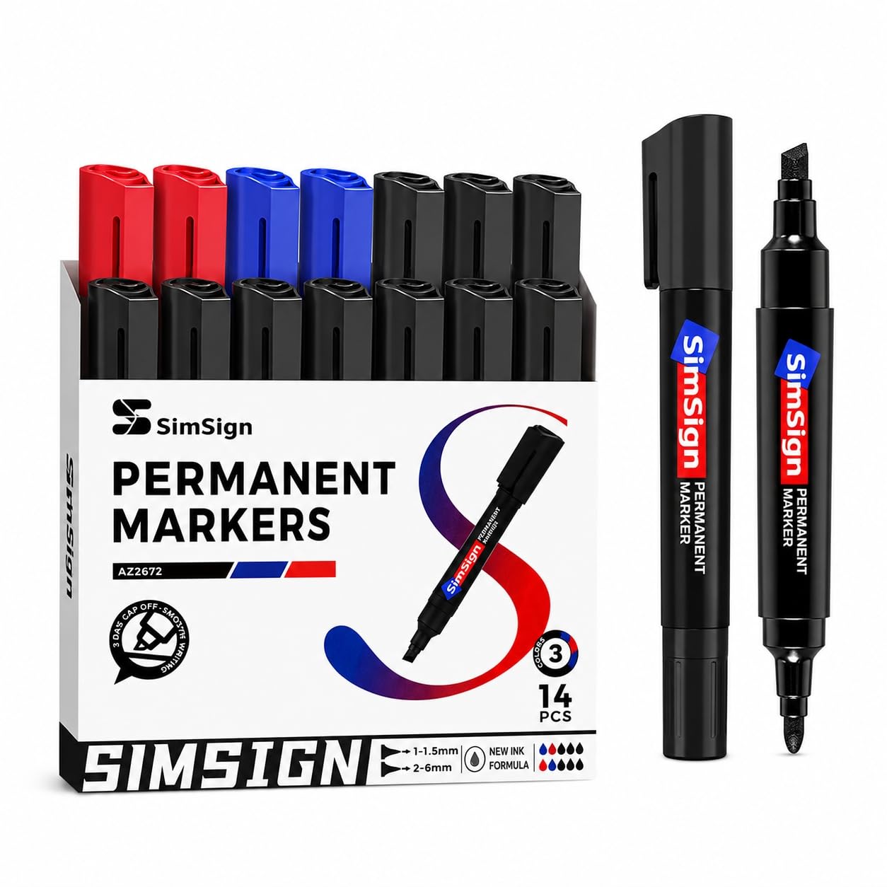 SimSign Permanent Marker 14er Set, 10 Schwarz 2 Blau 2 Rot, Wasserfester Stift Rundspitze & Keilspitze, Schnelltrocknend, Dicke Permanentmarker für Büro, Schule & Kunst