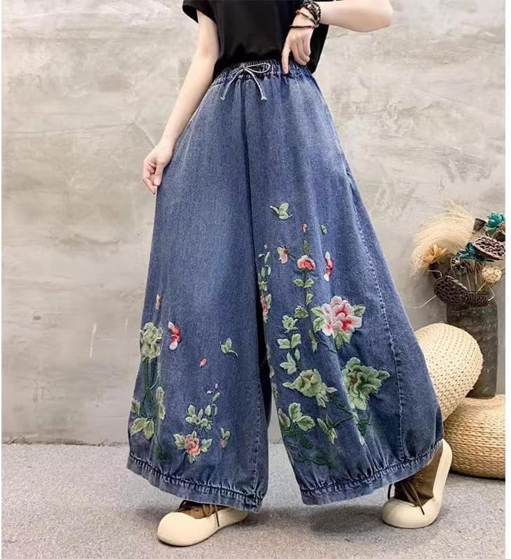 Womens Casual Loose Cropped Jeans Wide Leg Denim Pants Vintage Pants Harem Trousers Elastic Waist with Pockets (US, Alpha, Small, Large, Regular, Regular, Blue)