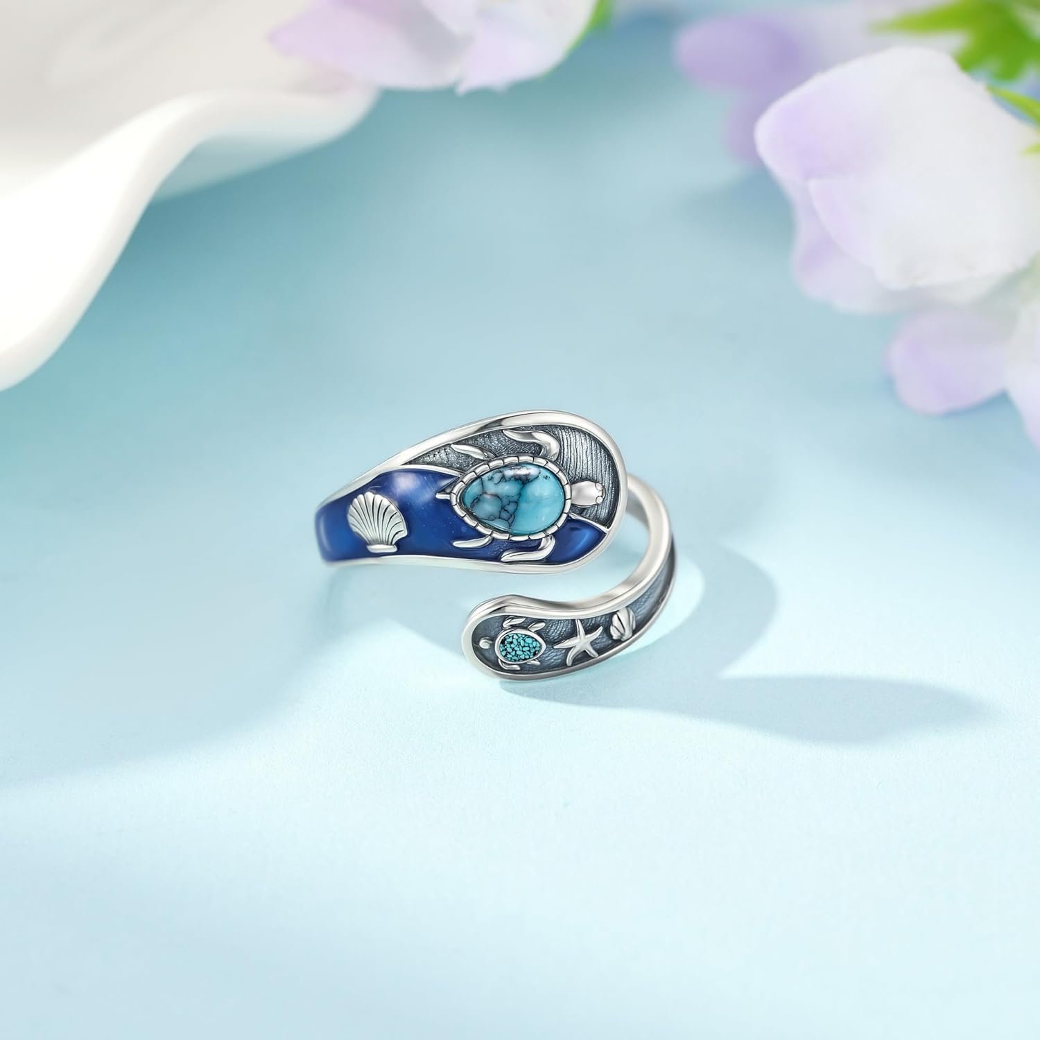 MONGAS Turtle Ring Sterling Silver Created Turquoise Adjustable Spoon Ring Ocean Sea Turtle Jewelry Gifts for Women - Image 4