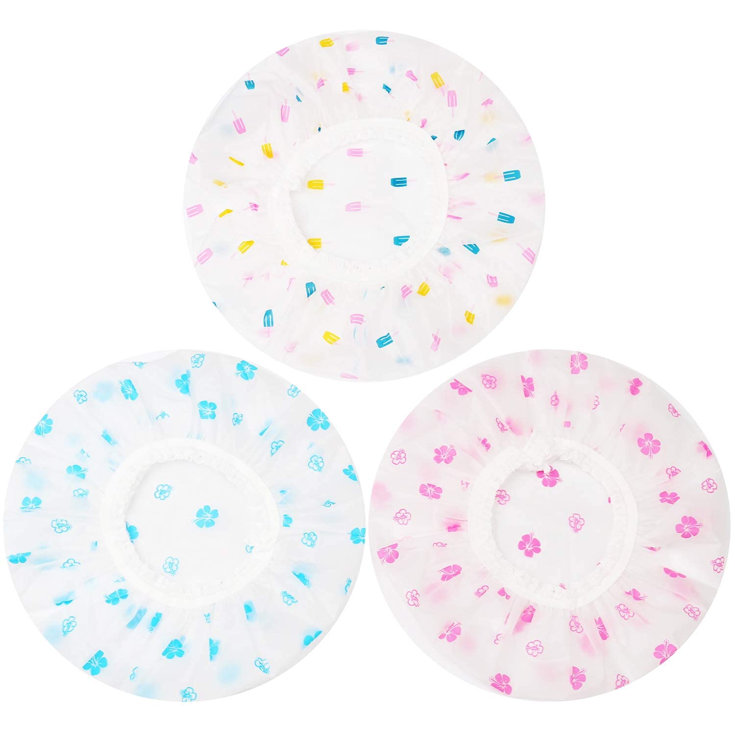 ORiTi Shower Caps, 3 Pcs Waterproof Bath Caps Plastic Reusable Shower Caps Elastic Band Bath Hair Hat for Women Ladies Spa Salon (E)