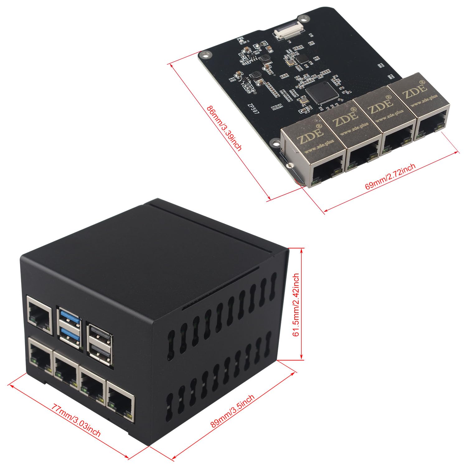 ZDE ZP597 PCIe to 4 Ports 1G Gigabit 1000M Ethernet Network HAT Adapter Expansion Board 1GB 1GBE with Metal Case for Raspberry Pi 5 2GB 4GB 8GB 16GB