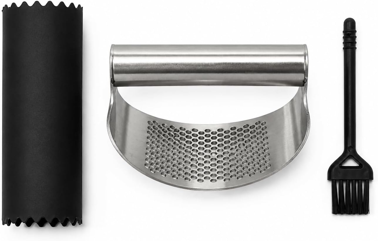 Garlic Press Stainless Steel with Silicone Peeler and Cleaning Brush