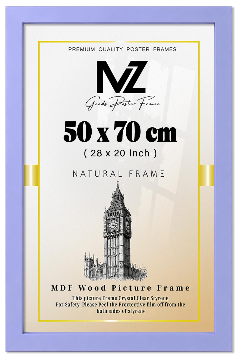 MZ GOODS | MDF Picture Frame (50 x 70 CM) 500 x 700 mm for Event Posters, Art Prints & Office Décor, Sturdy MDF Build, Portrait & Landscape Mounting Hooks Included [ Purple ]