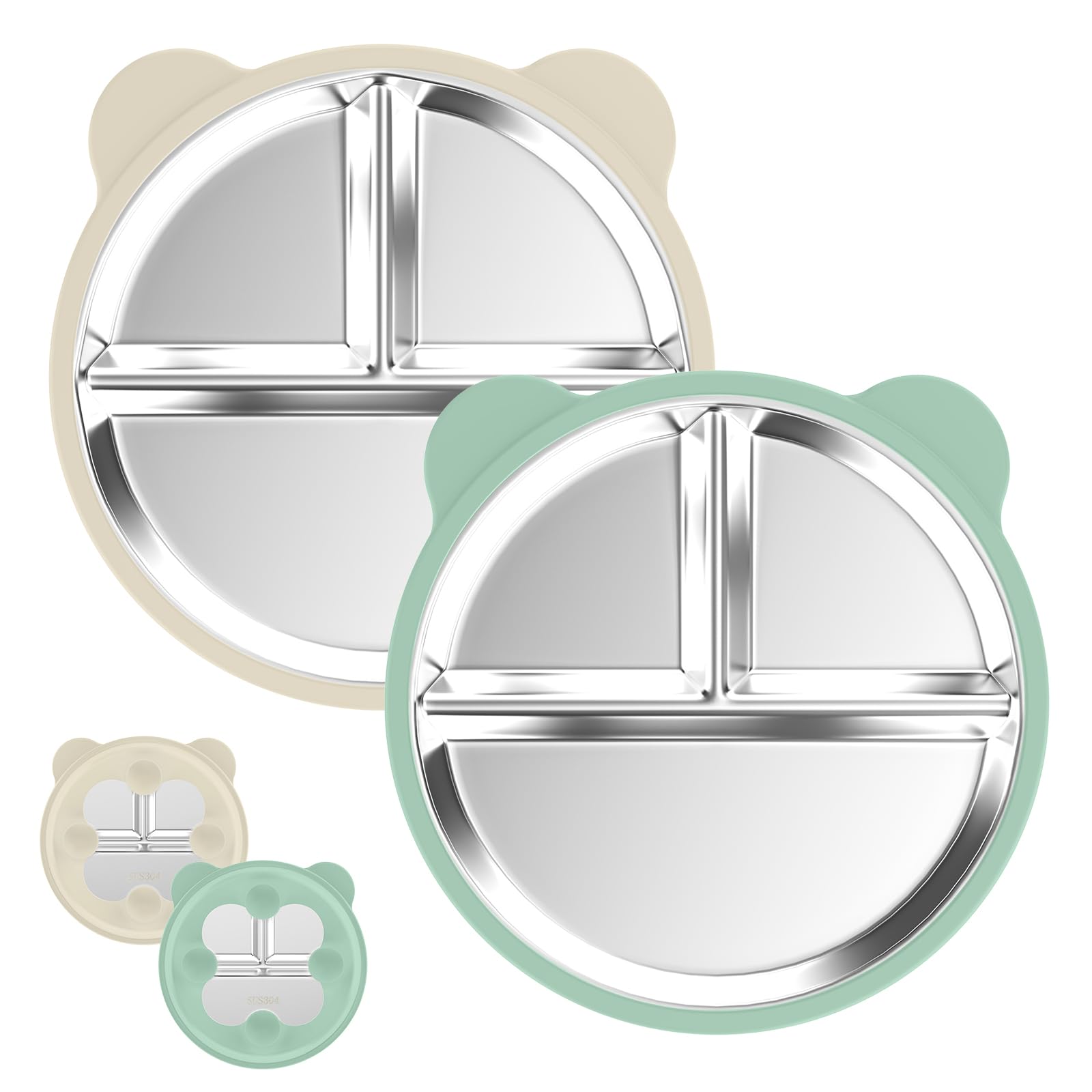Edelstahl Baby Teller mit Saugnapf, 2 Stück Silikon Kinderteller mit 4 Saugnäpfen, Edelstahl Teller Baby, BPA-frei, Rutschfeste, Abnehmbare Silikonhülle, Babyteller, Kinderteller, Beige + Dunkelgrün