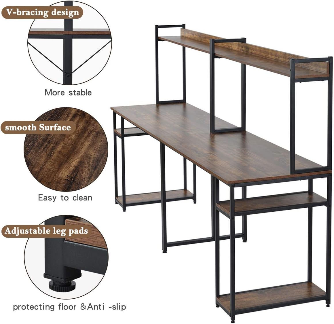 Merax Double Workstation Desk features: V-bracing, smooth surface, adjustable leg pads
