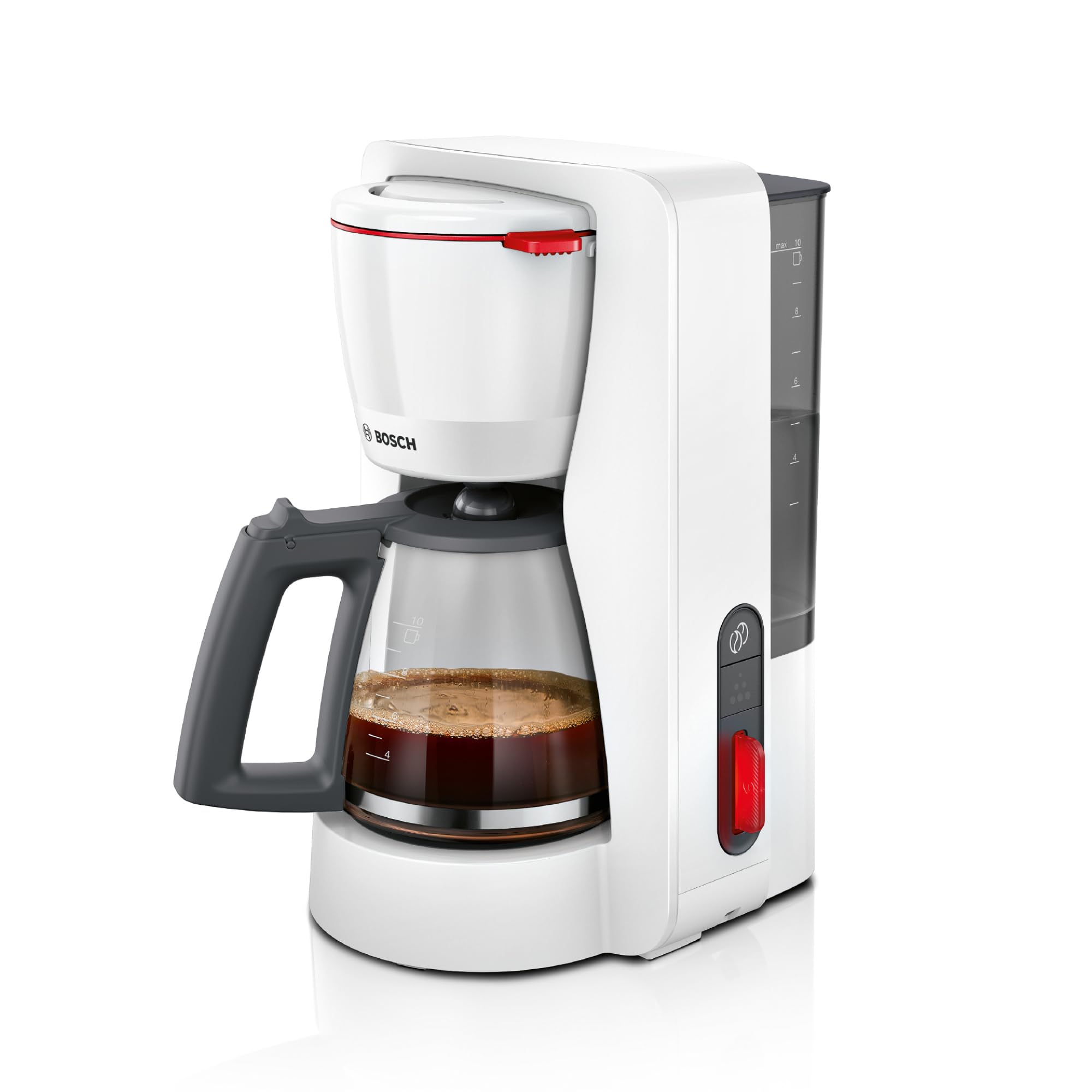 Bosch MyMoment TKA3M131 przelewowy ekspres do kawy, szklany dzbanek 1,25 l, na 10-15 filiżanek, funkcja utrzymywania ciepła 60 min, blokada kapania, obrotowy uchwyt filtrujący, program odkamieniania,