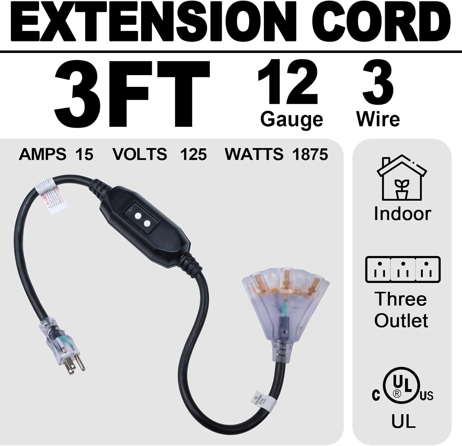3 Ft GFCI Lighted Black Appliance Extension Cord with 3 Power Outlets, 15 Amp 12/3 SJTW Heavy Duty Pigtail Extension Cable with 3 Prong Grounded Plug for Safety, UL Listed