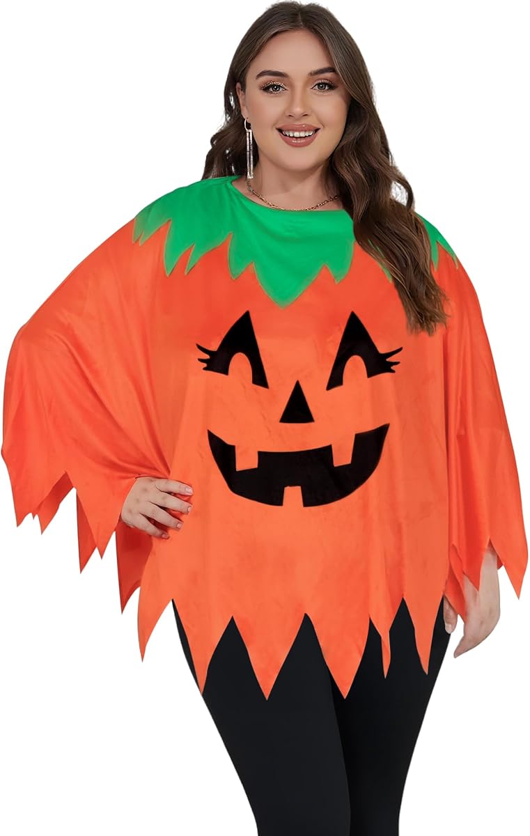 Plus Size Pumpkin Costume Women, Halloween Pumpkin Poncho Costume for Adult, Halloween Costumes