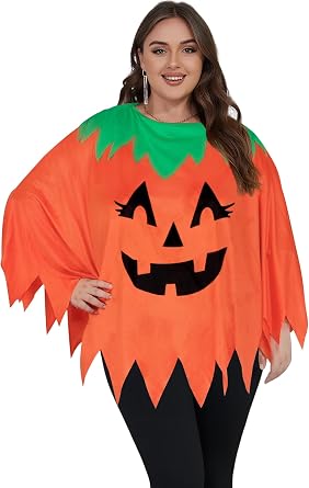 Peywot Plus Size Pumpkin Costume Women, Halloween Pumpkin Poncho Costume for Adult, Halloween Costumes