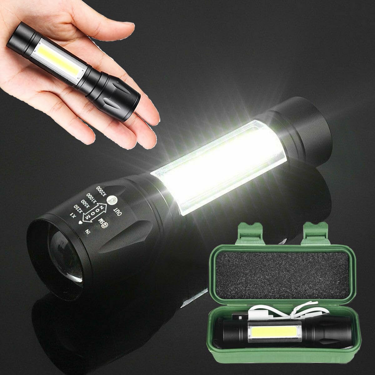 CLEZGO Lampe torche LED d'urgence rechargeable par USB, 3 modes de mise au point réglable, lampe de poche LED étanche portable avec lumières latérales COB, meilleure lampe torche tactique pour ouragan