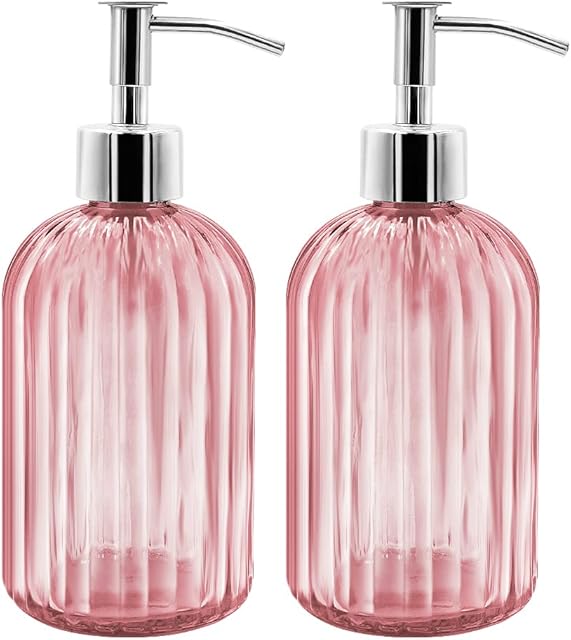 2 Pack Glass Soap Dispenser Bottle with Pump, 14 Oz Refillable Liquid Hand Jar Dispenser for Bathroom, Countertop, Kitchen, Laundry Room (Pink)