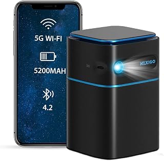 NexiGo Smart WiFi Mini Portable Projector, 4K Supported, Android 9.0, [100 ANSI - Over 3000 Lux], DLP Bluetooth Pico Video Projector, 4-Hours Playtime, Neat Projector, Home Entertainment