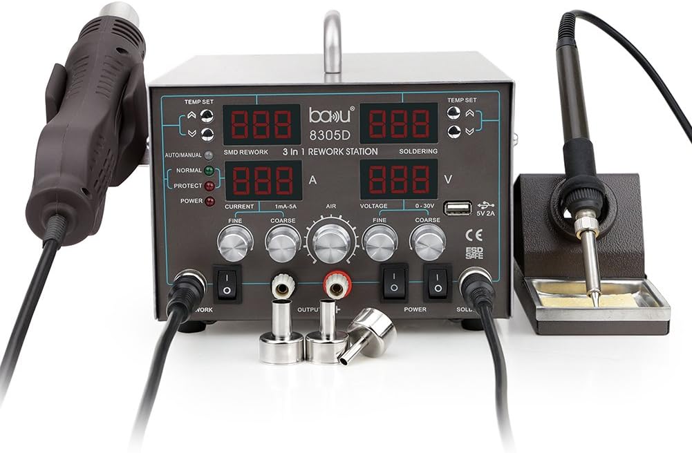 BAKU ba-8305D 4-in-1 Digital Soldering Station Hot Air Rework Station with Variable DC Power Supply 30V 5A